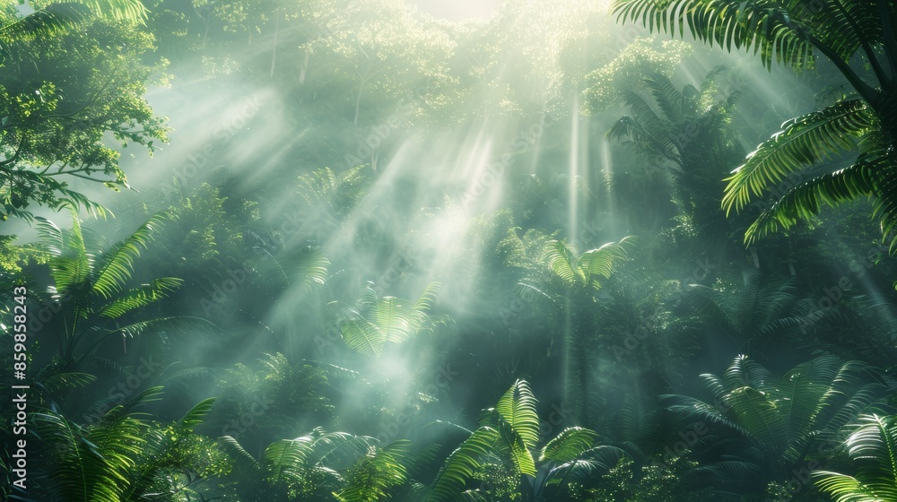 Poster a tranquil scene of a misty rainforest illuminated by the gentle rays of the sun, creating a dreamy,