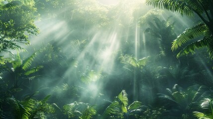 Obraz premium A tranquil scene of a misty rainforest illuminated by the gentle rays of the sun, creating a dreamy, ethereal ambiance. Generative AI