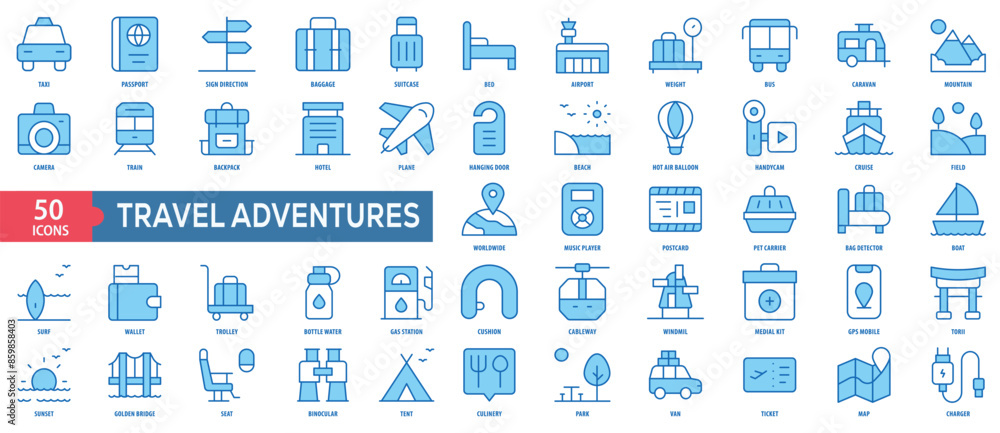 Poster travel adventures icon collection set. easy to use, easy to edit and simple line vector icons.