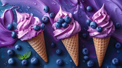 Three blueberry ice cream cones on a purple and blue background.