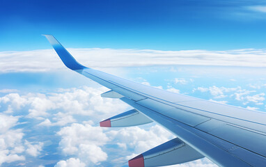 Airplane wing on blue sky background. 3d render illustration.