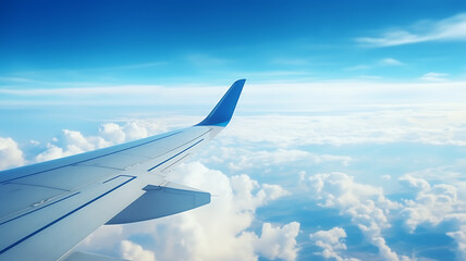 Airplane wing on blue sky background. 3d render illustration.