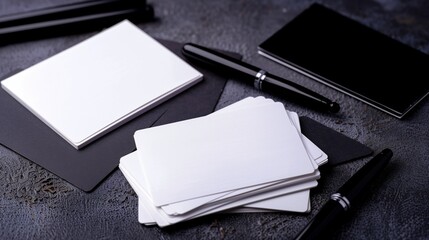 Sleek and minimalist school supplies on left and right side for copy space for text on a dark background; white index cards and black gel pens, study aid concept