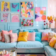 Pastel-themed girly bedroom featuring a cozy couch with pastel pillows and vibrant, colorful art on the walls for a lively living space