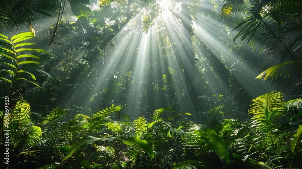 Aufkleber sunlight streaming through the canopy of a dense rainforest, creating a mesmerizing play of light an