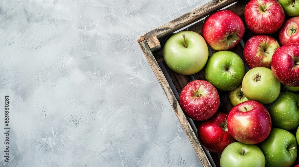 Poster fresh organic red and green apples in wooden crate with light gray background and blank area for tex