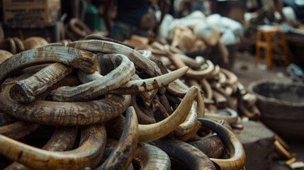 Close-up of a pile of ivory tusks at an African market