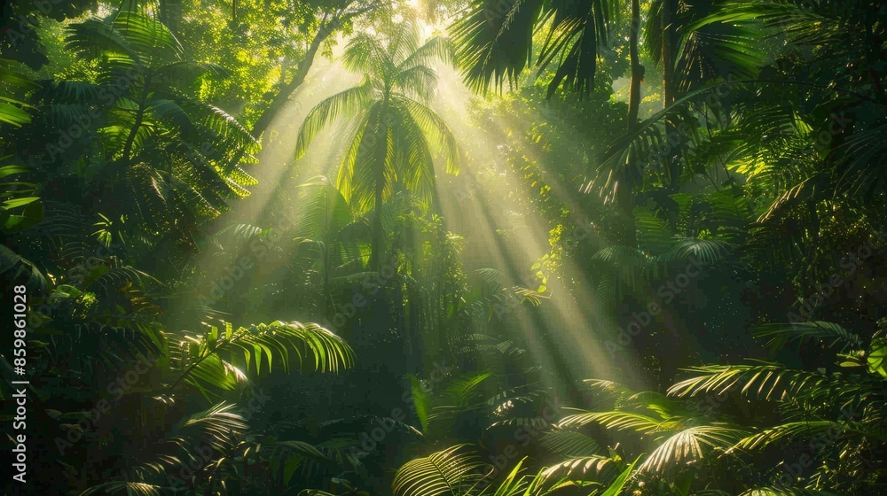 Poster sunlight streaming through the canopy of a dense rainforest, creating a mesmerizing play of light an