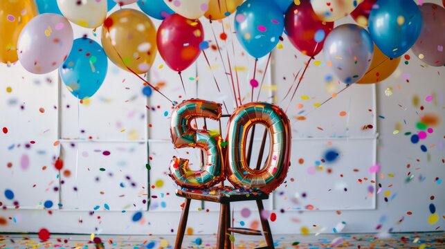 Golden Number 50 Balloons for a 50th Birthday Celebration suitable for business background, posters, wallpapers, banners, greeting cards, and advertising for business entities or brands.