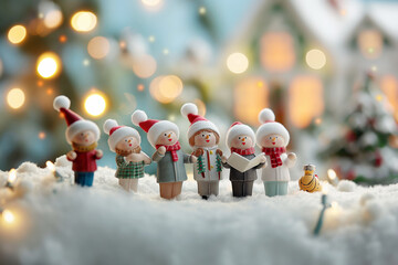 A group of Christmas carolers singing happily outside a beautifully decorated house with festive lights and snow.