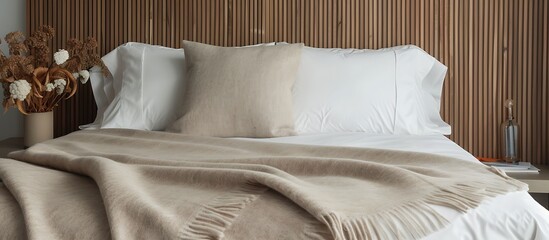 Beige wool throw blanket on a minimalist bed, soft textures, contemporary decor, stylish home, elegant design, cozy ambiance, modern interior, warm atmosphere.
