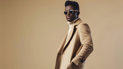 full length of young african american man in stylish sunglasses and coat posing with hand in pocket on beige : Generative AI