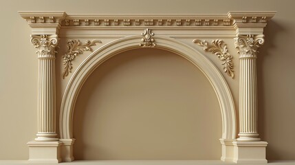 Naklejka premium Gilded innovative arch embellished metal fundamental 3d component concept lifelike artwork. Curved pillar gateway geometric structure exhibit display marketing building base.