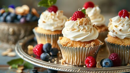 Baked cupcakes with airy cream, adorned with berries and almond crumbs.