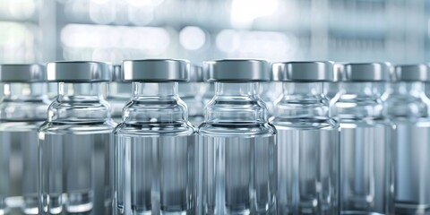A collection of immunization containers, medication in sealed capsules, and glass containers for fluid specimens in a lab setting.