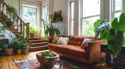 Bohemian-inspired living room with a velvet rust sofa, wooden mantle staircase, and reclaimed wood flooring. Large bright windows, eclectic decor, and lush greenery.