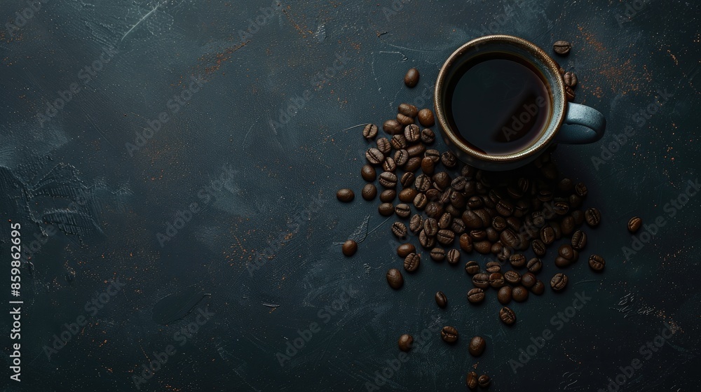 Poster dark background with cup and coffee beans