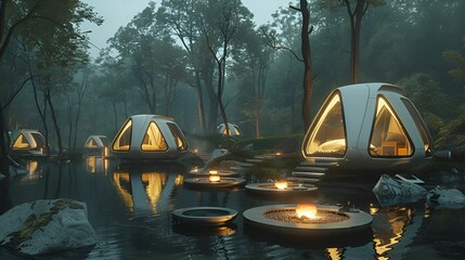 A futuristic campsite with modern, illuminated pods situated by a tranquil forest waterway, creating a serene and innovative retreat.