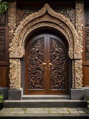 Traditional Wooden Doors Adorned with Geometric and Floral Patterns