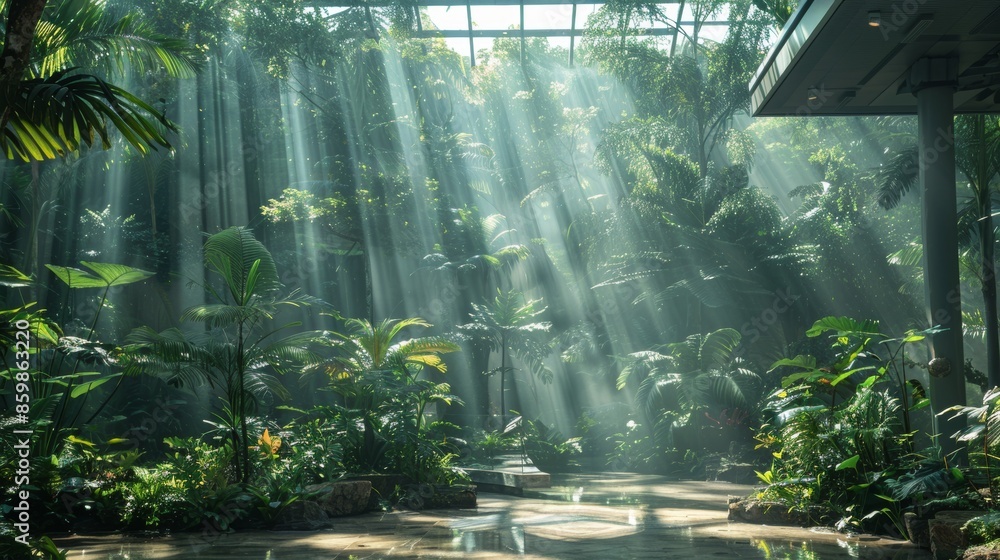 Aufkleber a magical rainforest setting with soft, dappled light filtering through the canopy, creating a peace