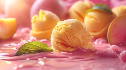 Close-up of a scoop of vanilla ice cream melting on a pink surface with a green leaf.