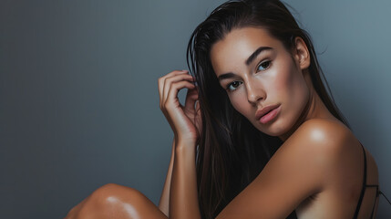 Fototapeta premium attractive fashionable woman looking at camera while sitting on floor on grey background : Generative AI