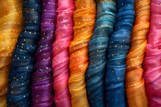 Colorful fabric rolls chunri with traditional Indian patterns and sparkling sequins in various shades