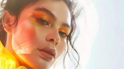 Fashion Model Girl Portrait with Yellow and Orange Makeup Creative Hairstyle Hairdo Make up Beauty Woman isolated on a White Background : Generative AI