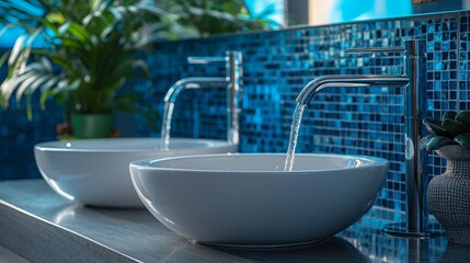 Dual faucets with blue mosaic tile background