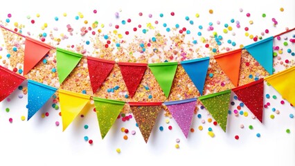 Obraz premium Vibrant colorful happy birthday flags banner adorned with confetti pieces scattered across a clean white background, conveying joy and celebratory atmosphere.