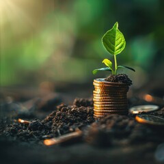 A stack of coins with a growing plant sprouting from