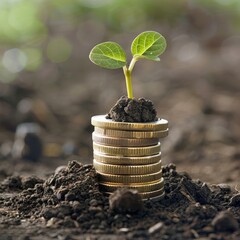 A stack of coins with a growing plant sprouting from