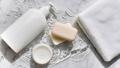 Beauty and soap theme background. You can see samo products, cream and bar soap with splashes of water. There are towels, on a marble background