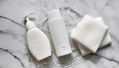 Beauty and soap theme background. You can see samo products, cream and bar soap with splashes of water. There are towels, on a marble background