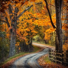 Dirt Road Lined With Yellow Fall Trees