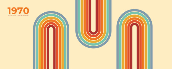 Abstract retro 70s background vector. Colorful vintage 1970 stylish wallpaper with lines, stripes, curve, circle shapes. Illustration design suitable for poster, banner, decorative, wall art