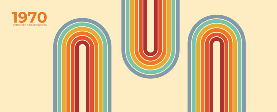 Fototapeta Abstract retro 70s background vector. Colorful vintage 1970 stylish wallpaper with lines, stripes, curve, circle shapes. Illustration design suitable for poster, banner, decorative, wall art