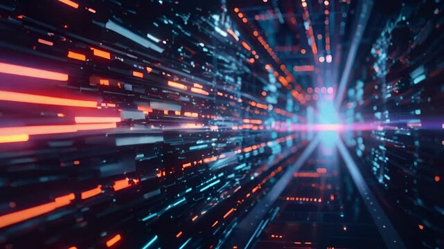 Futuristic 3D data flow tunnel with glowing blue and red lights