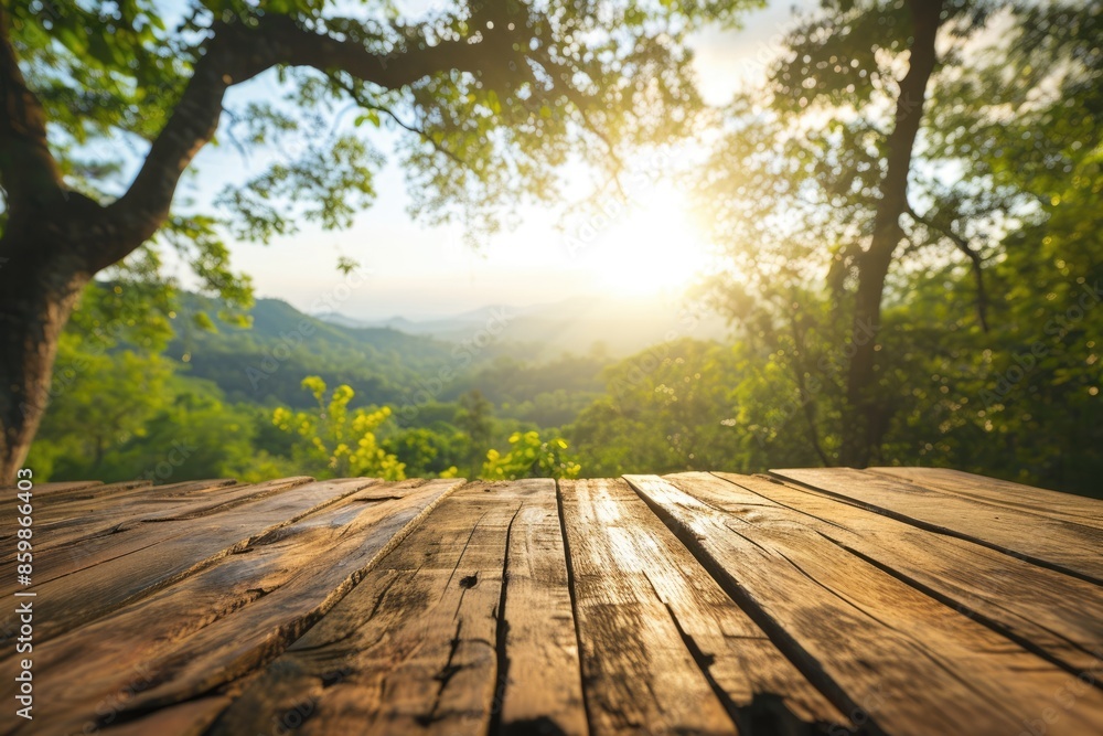 Poster the picture of the wood table in the middle of the forest that surrounded with an uncountable amount