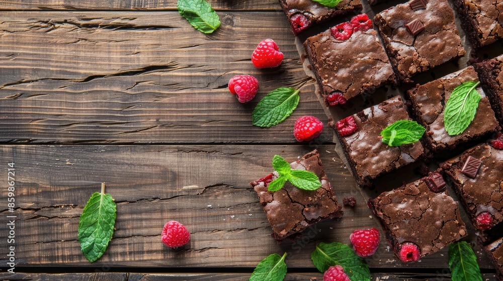 Aufkleber homemade brownies with dark chocolate raspberry and mint leaves on a wooden table high calorie cocoa