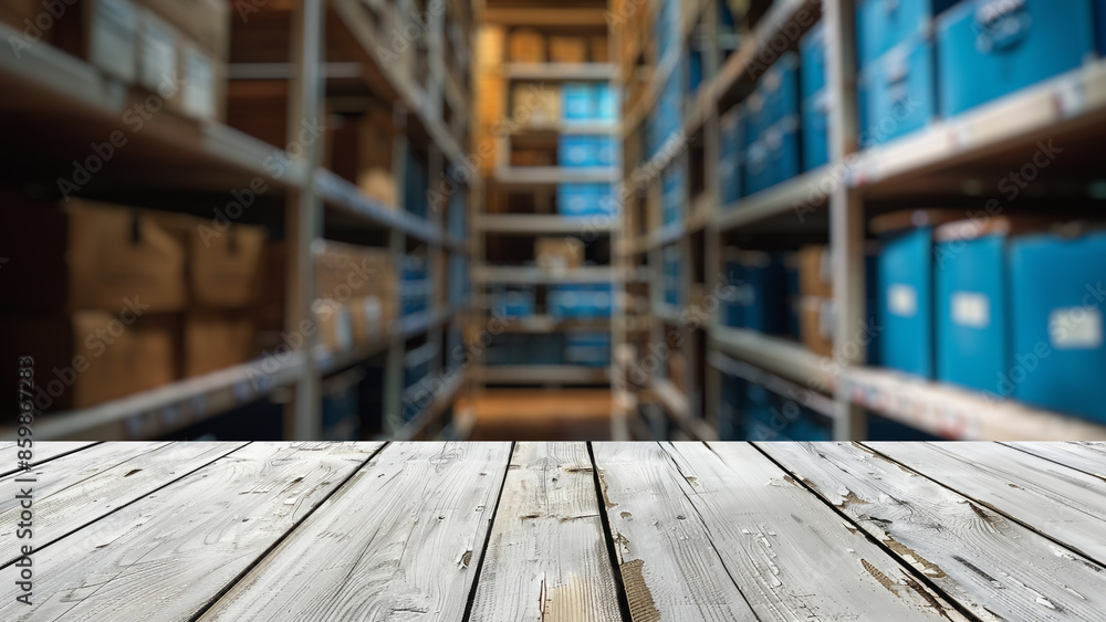 Poster empty wood table top with blur background of warehouse of factory. the table giving copy space for p
