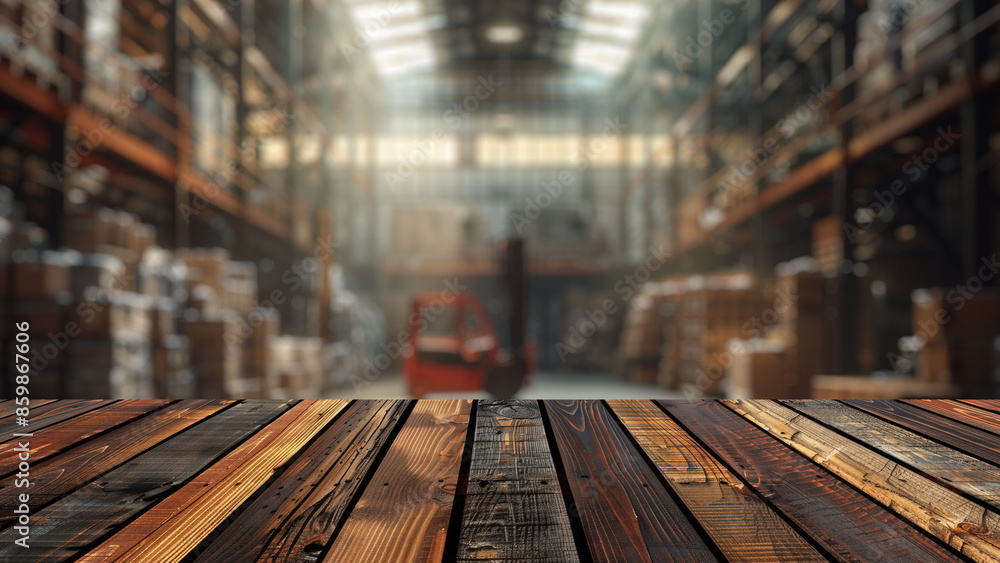 Poster empty wood table top with blur background of warehouse of factory. the table giving copy space for p