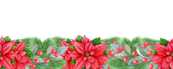 Winter season vintage style festive seamless border. Watercolor illustration. Christmas time painted decoration seamless border from poinsettia flower, conifer, eucalyptus, berries. White background