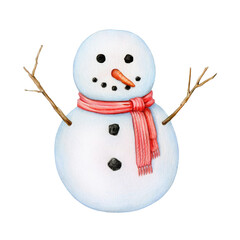 Funny snowman in red scarf. Painted vintage style illustration. Hand drawn smiling snowman traditional winter decoration from snow. Isolated on white background