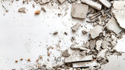 Destroyed building debris on white background Remnants of concrete walls steel and cement fragments Symbolizing demolition or collapse Area for text