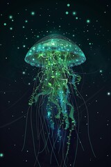 Digital line art illustration style with geometric shapes, The cosmic depths of space, planet Earth is depicted as an intricate jellyfish with glowing bioluminescent blue and green tentacles.  