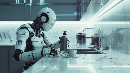 Robot cleaning kitchen counter with a cloth and bottle generated with AI