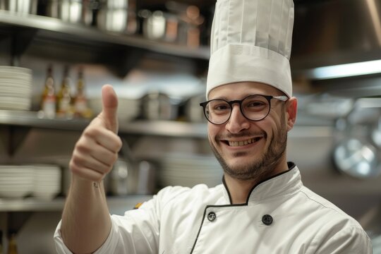 Happy chef showing thumbs up gesture with positive expression towards the camera