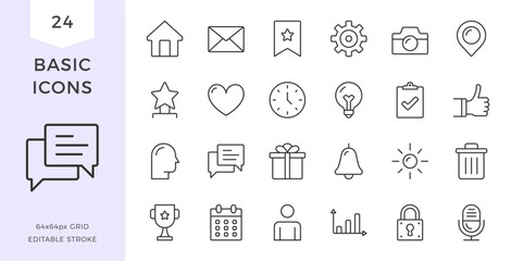 Basic flat line icons set - house, email, calendar, chat and other icons. Pixel perfect, editable stroke, vector eps10 illustration