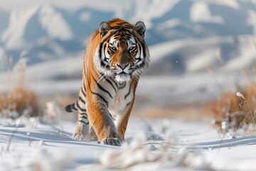 Obraz premium Majestic Siberian Tiger Walking on Snow